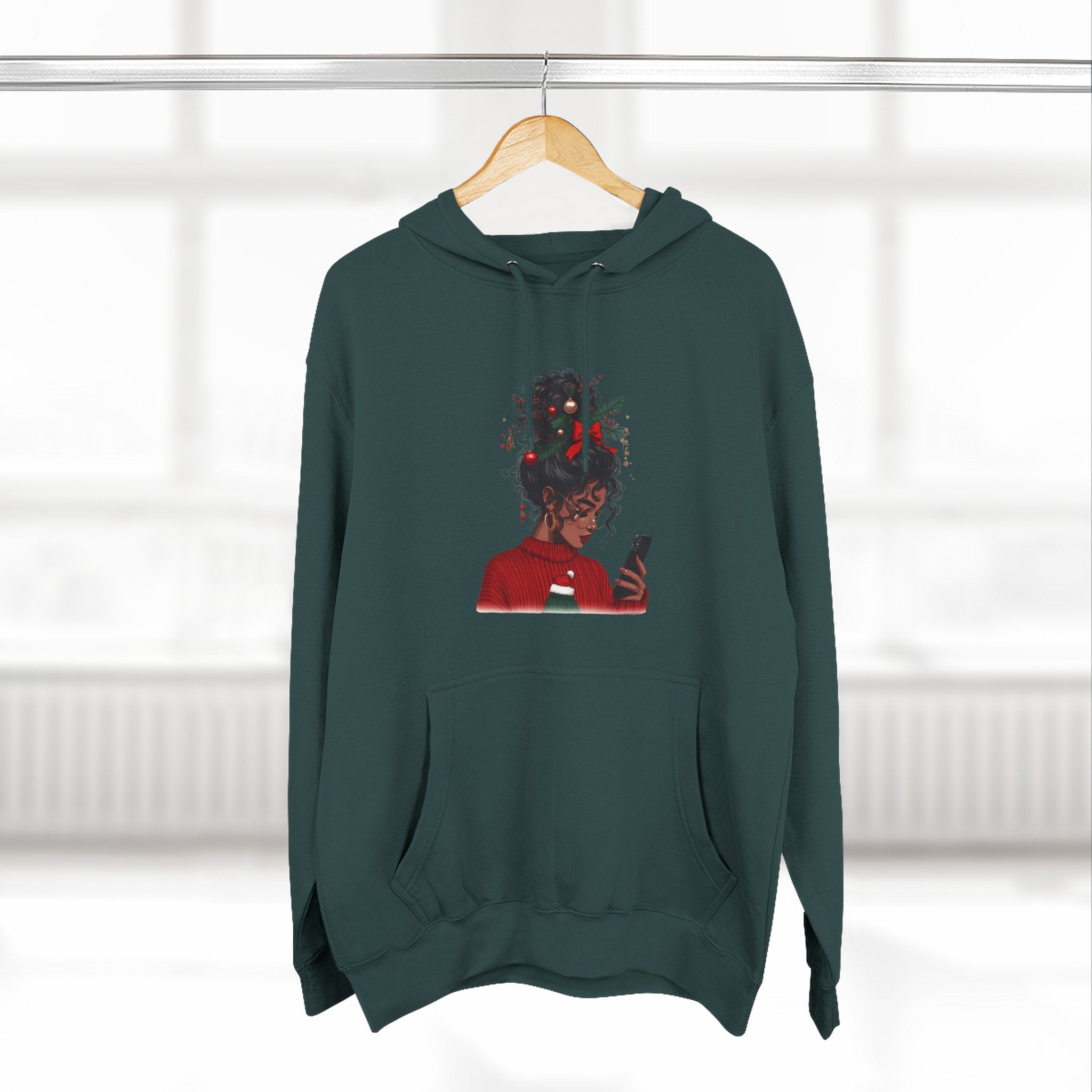 Afro Tech Girl Graphic Hoodie — Phone-Scrolling Illustration Fleece Hoodie