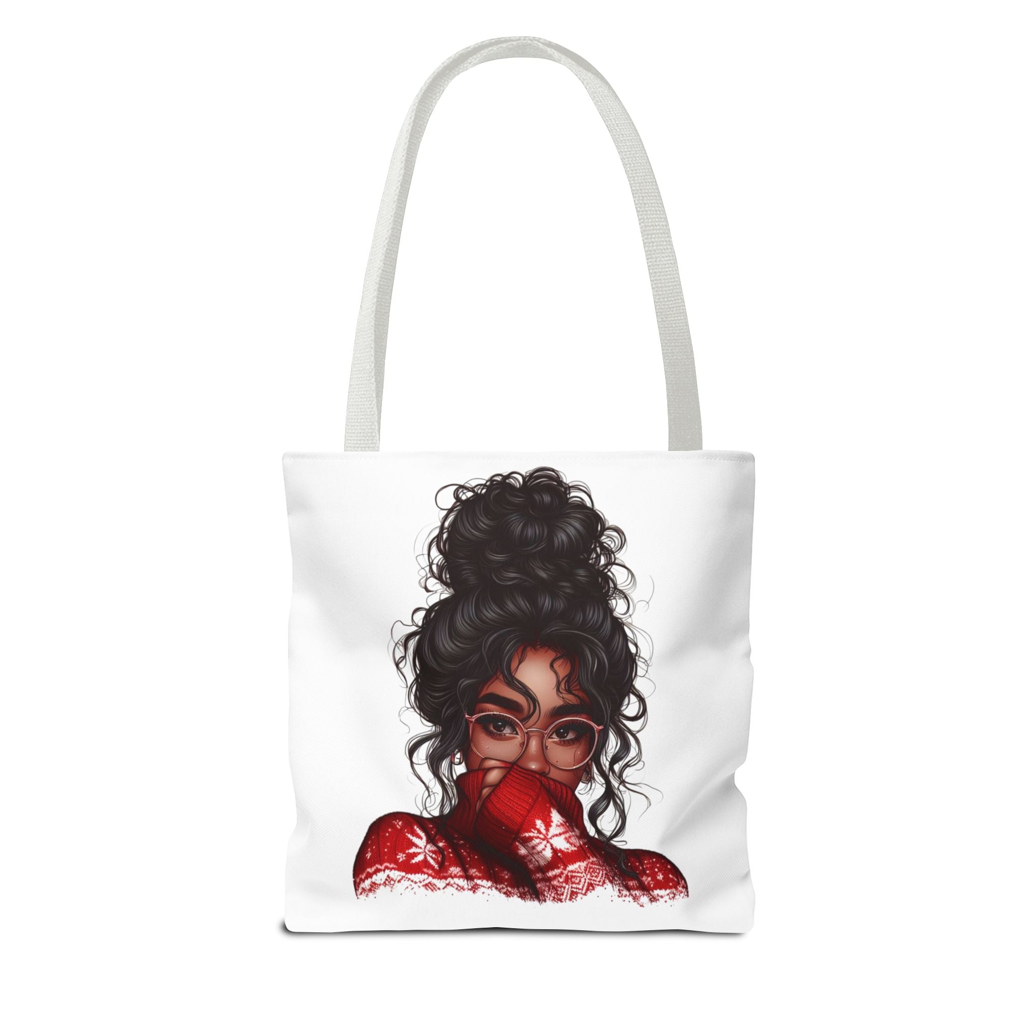 Curly Bun Girl Tote Bag — Artistic Illustrated Portrait All-Over Print Tote