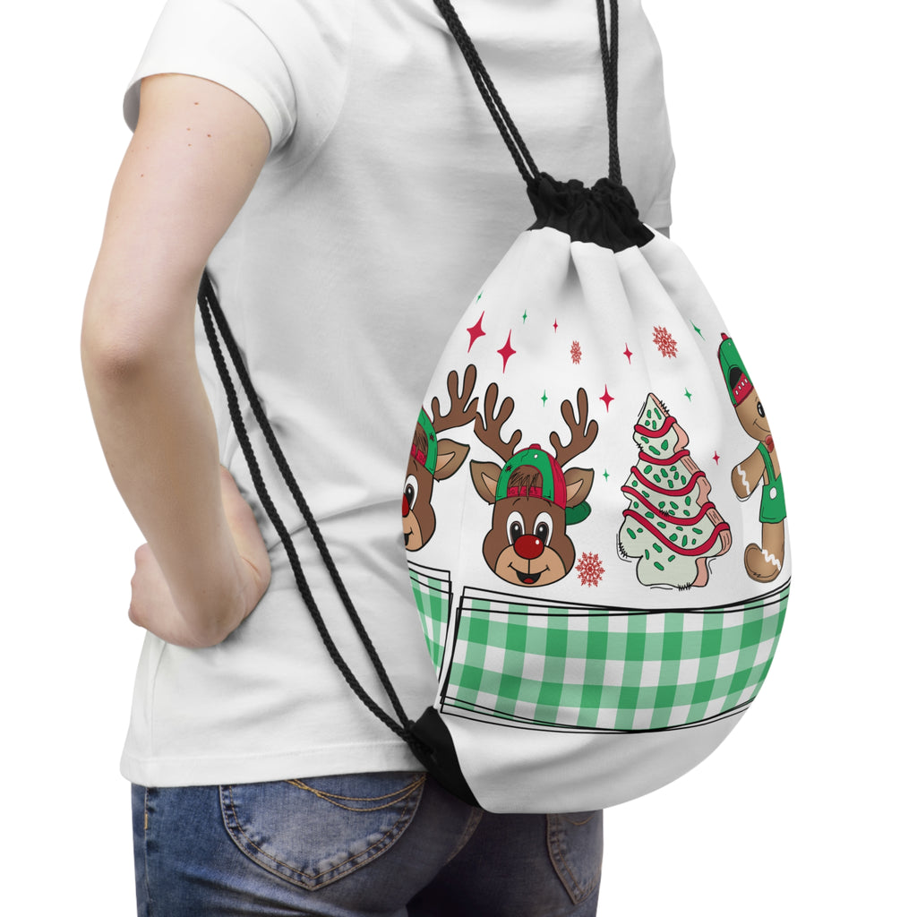 Christmas Reindeer & Gingerbread Drawstring Bag — Holiday Tree Pattern