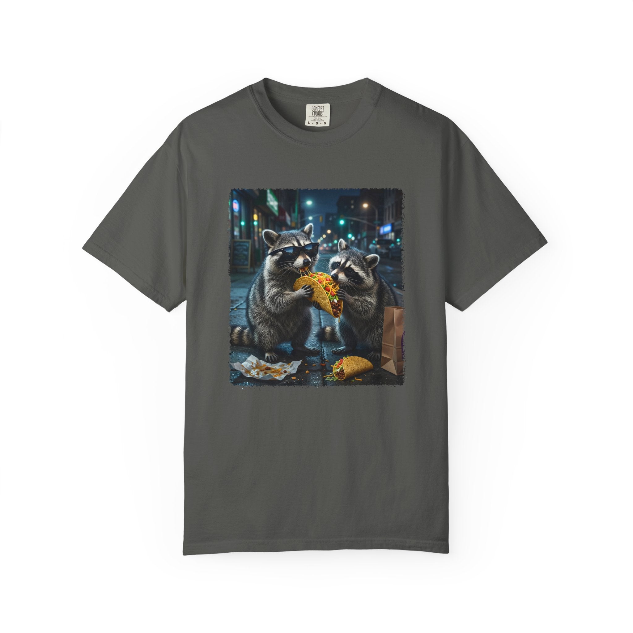 Raccoons Sharing Pizza T-Shirt | Night City Street Illustration, Cute Animal Tee