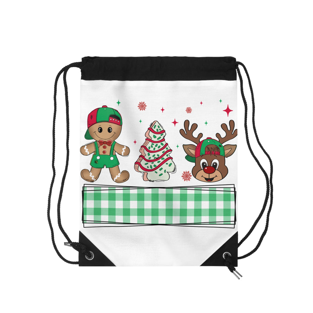 Christmas Reindeer & Gingerbread Drawstring Bag — Holiday Tree Pattern