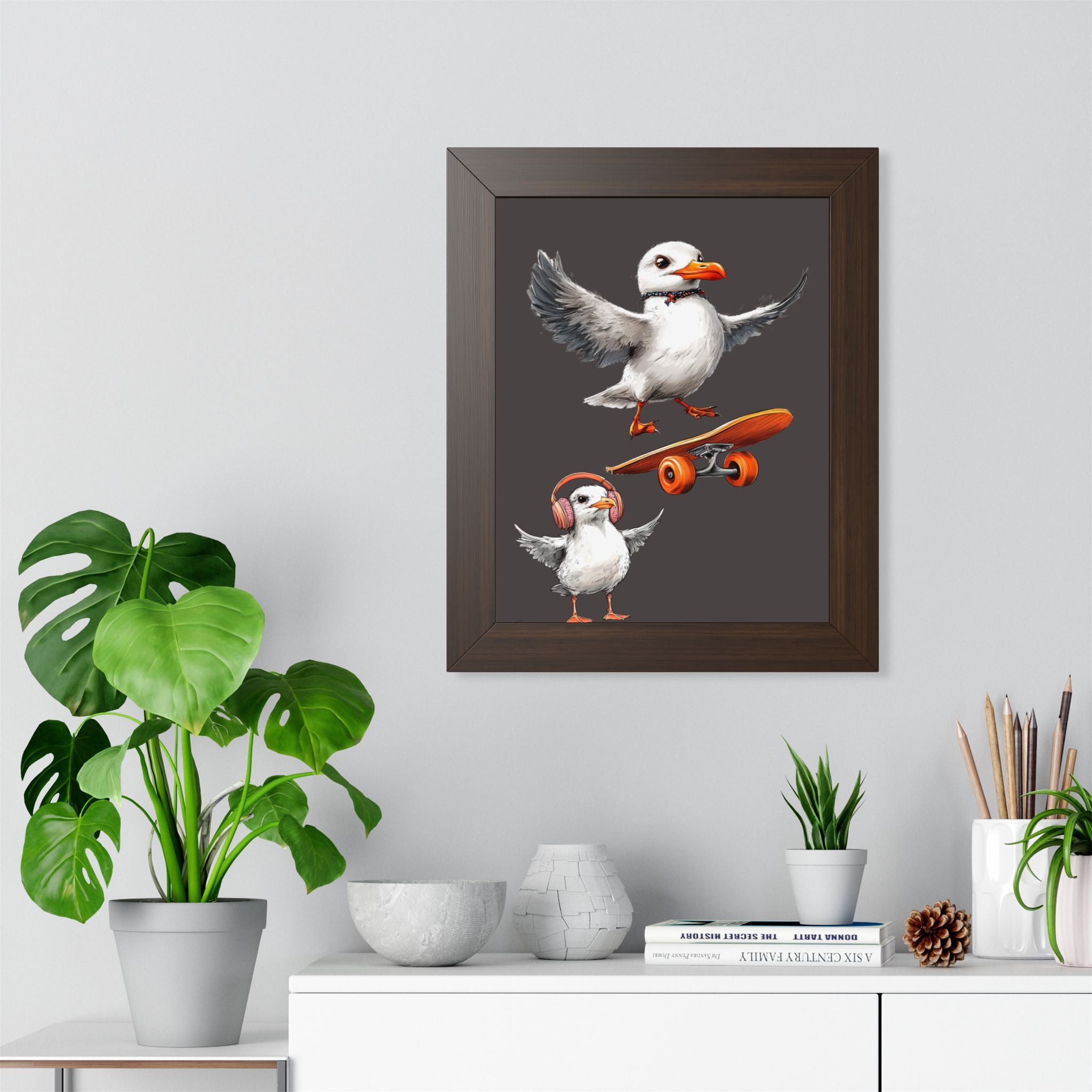 Skateboard Puffins Framed Poster — Coastal Skate Art for Walls