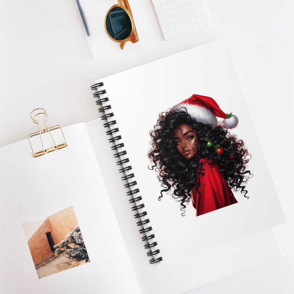 Holiday Curly Hair Notebook — Black Woman in Santa Hat Spiral Journal (Ruled)
