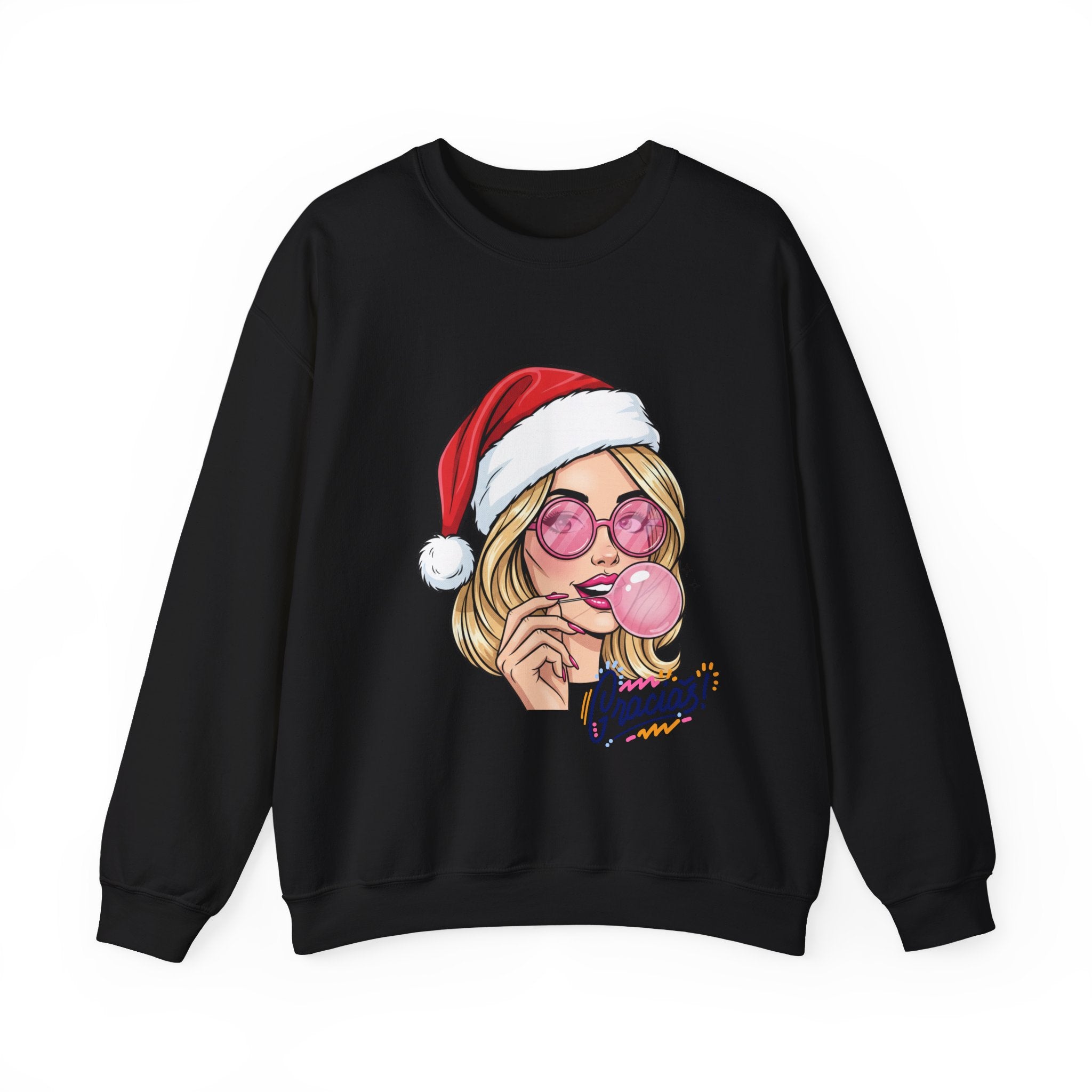 Bubblegum Girl in Santa Hat Crewneck Sweatshirt | Christmas Pop Art