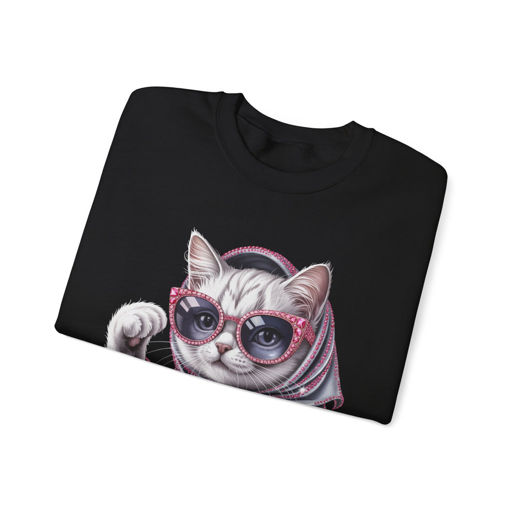 Retro Chic Cat Crewneck Sweatshirt — Stylish Sunglasses & Scarf Cat Graphic