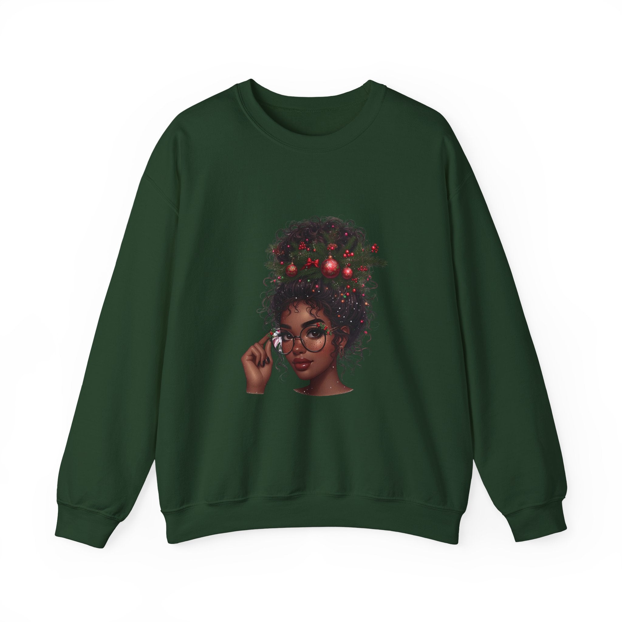 Christmas Curly Hair Girl Sweatshirt – Holiday Afro Puff Graphic Crewneck