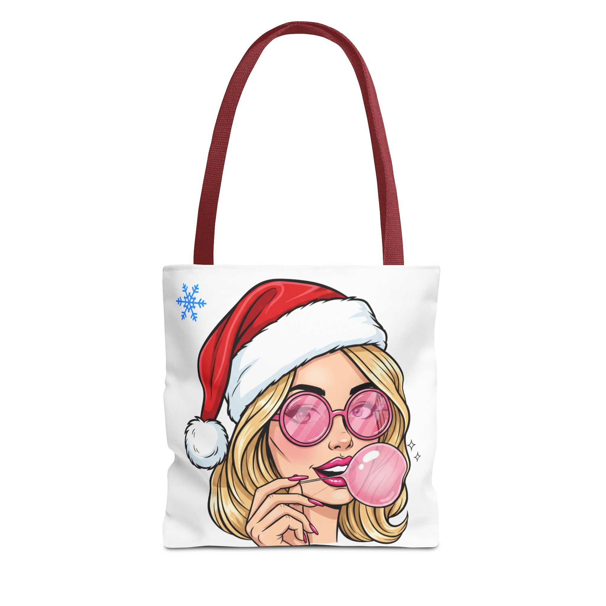 Christmas Babe Tote Bag — Retro Girl in Santa Hat with Bubblegum