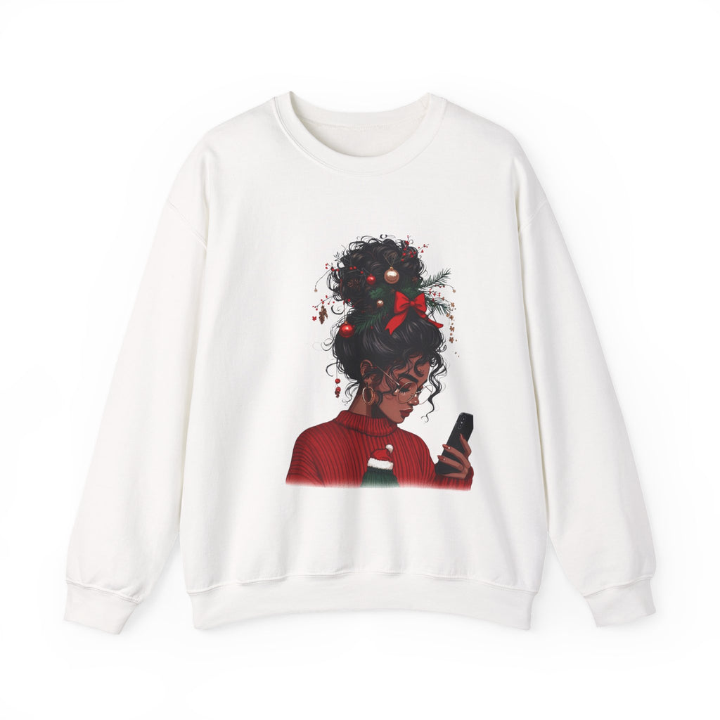 Christmas Afro Puff Girl Sweatshirt — Cozy Holiday Phone Texting Graphic Crewneck