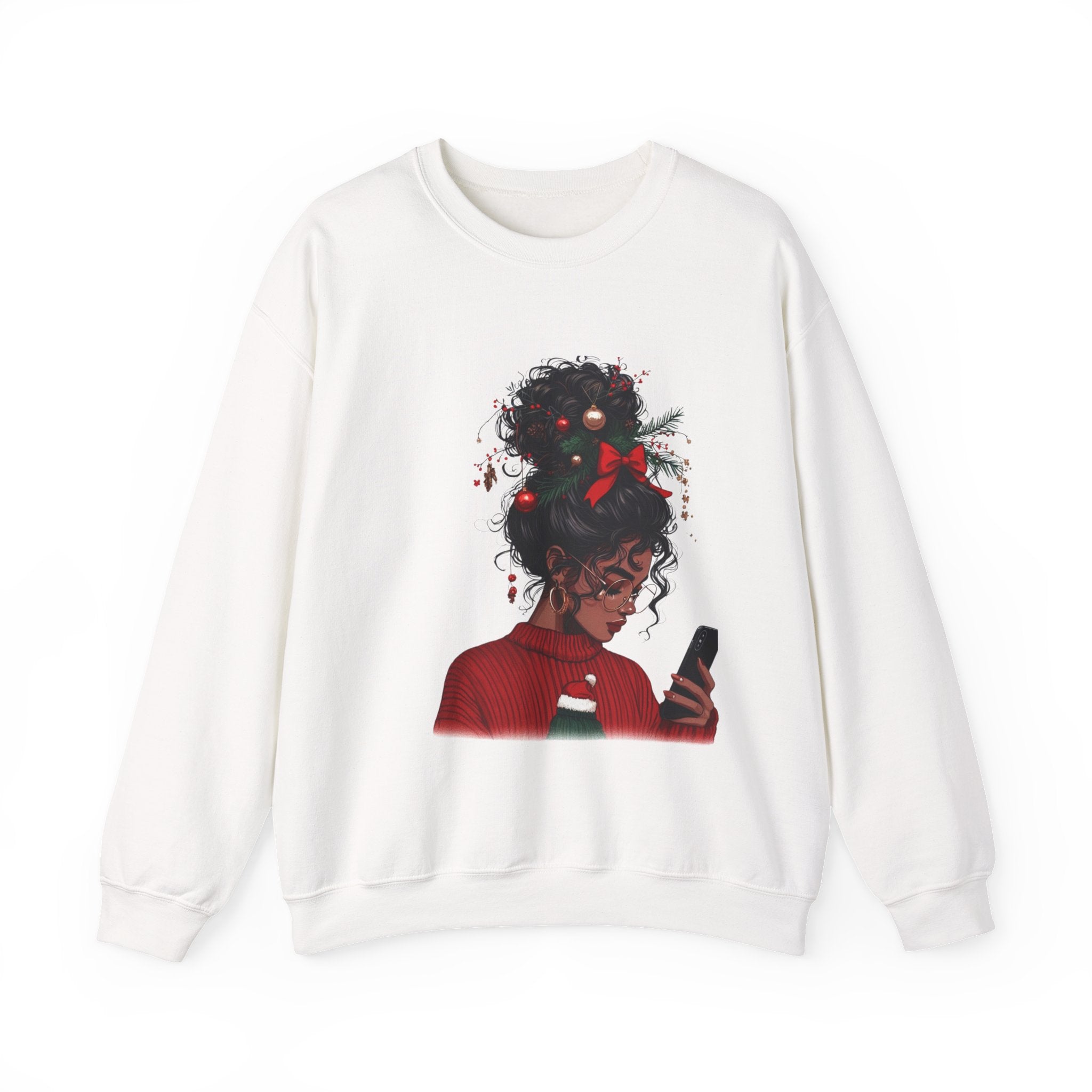 Christmas Afro Puff Girl Sweatshirt — Cozy Holiday Phone Texting Graphic Crewneck