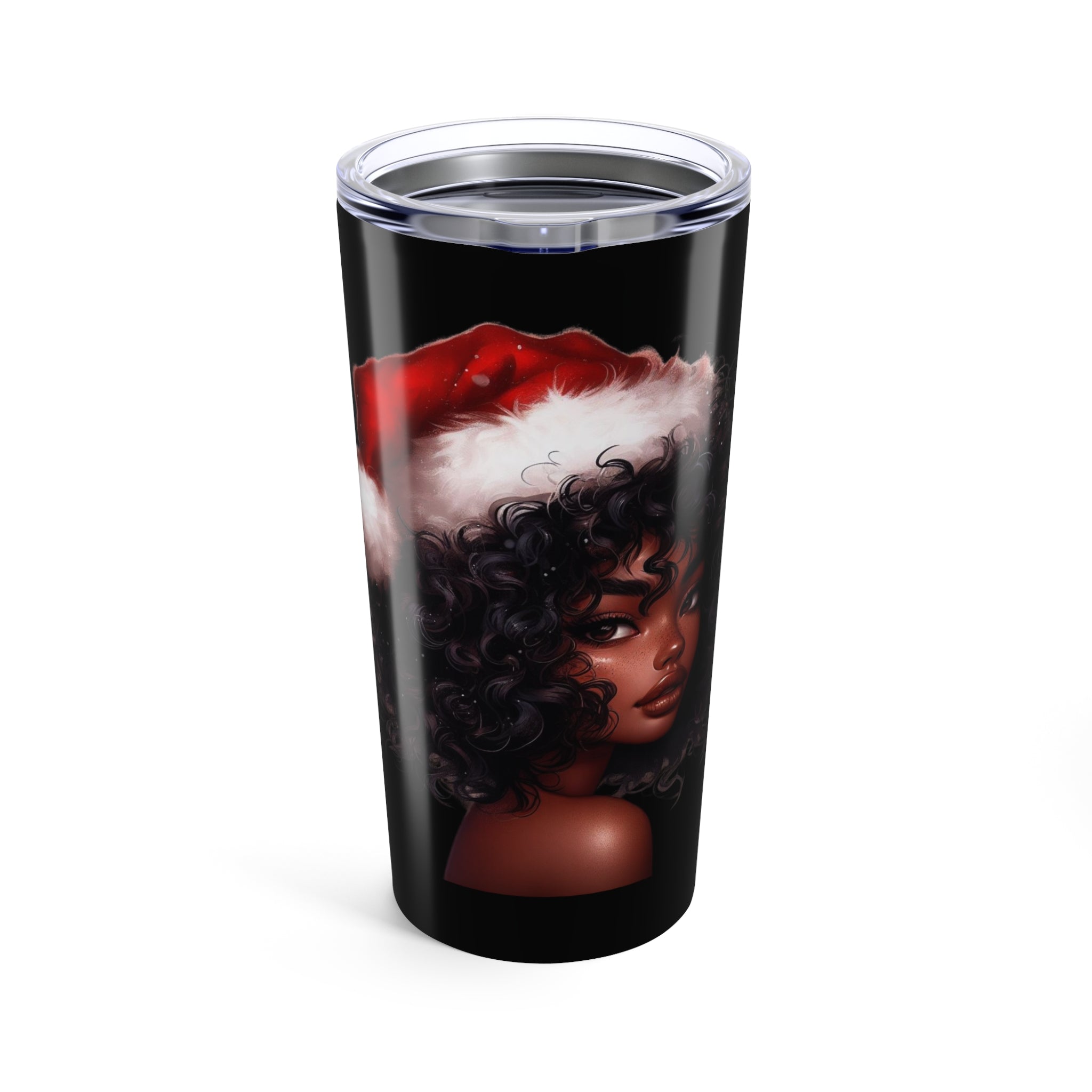 Holiday Tumbler — Curly-Haired Santa Girl Christmas Travel Cup 20oz