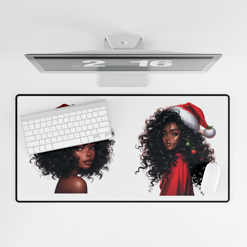 Afro Black Lady Santa Desk Mat — Holiday Desk Mat with Festive Afrocentric Design