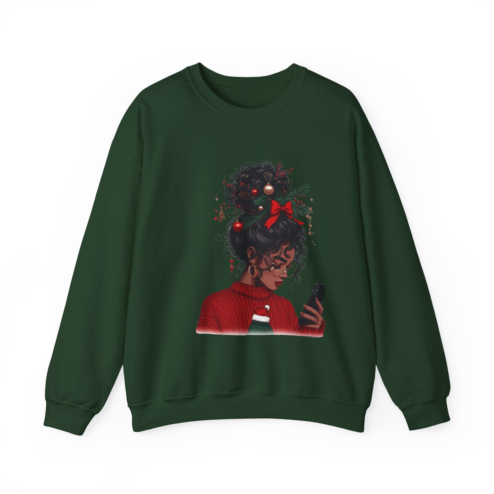 Christmas Afro Puff Girl Sweatshirt — Cozy Holiday Phone Texting Graphic Crewneck