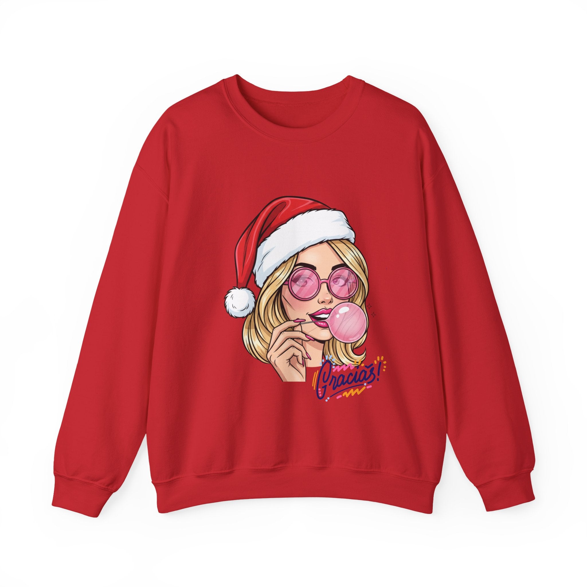 Bubblegum Girl in Santa Hat Crewneck Sweatshirt | Christmas Pop Art