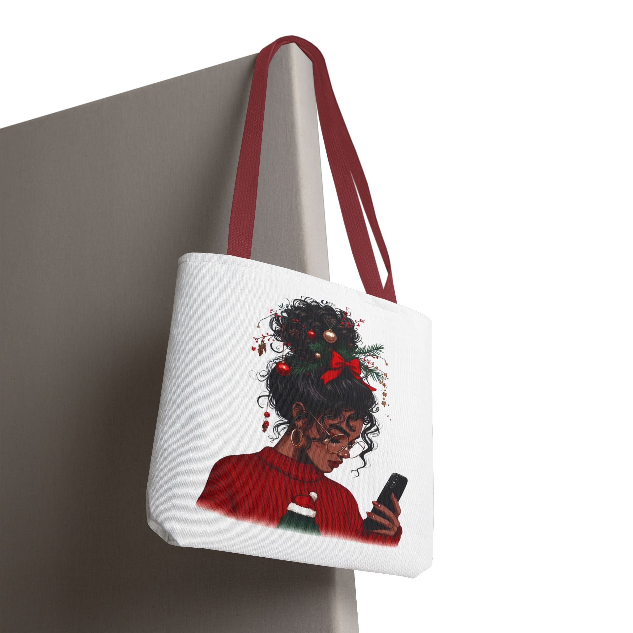 Christmas Hair Bun Tote Bag — Black Woman with Festive Ornaments & Red Sweater