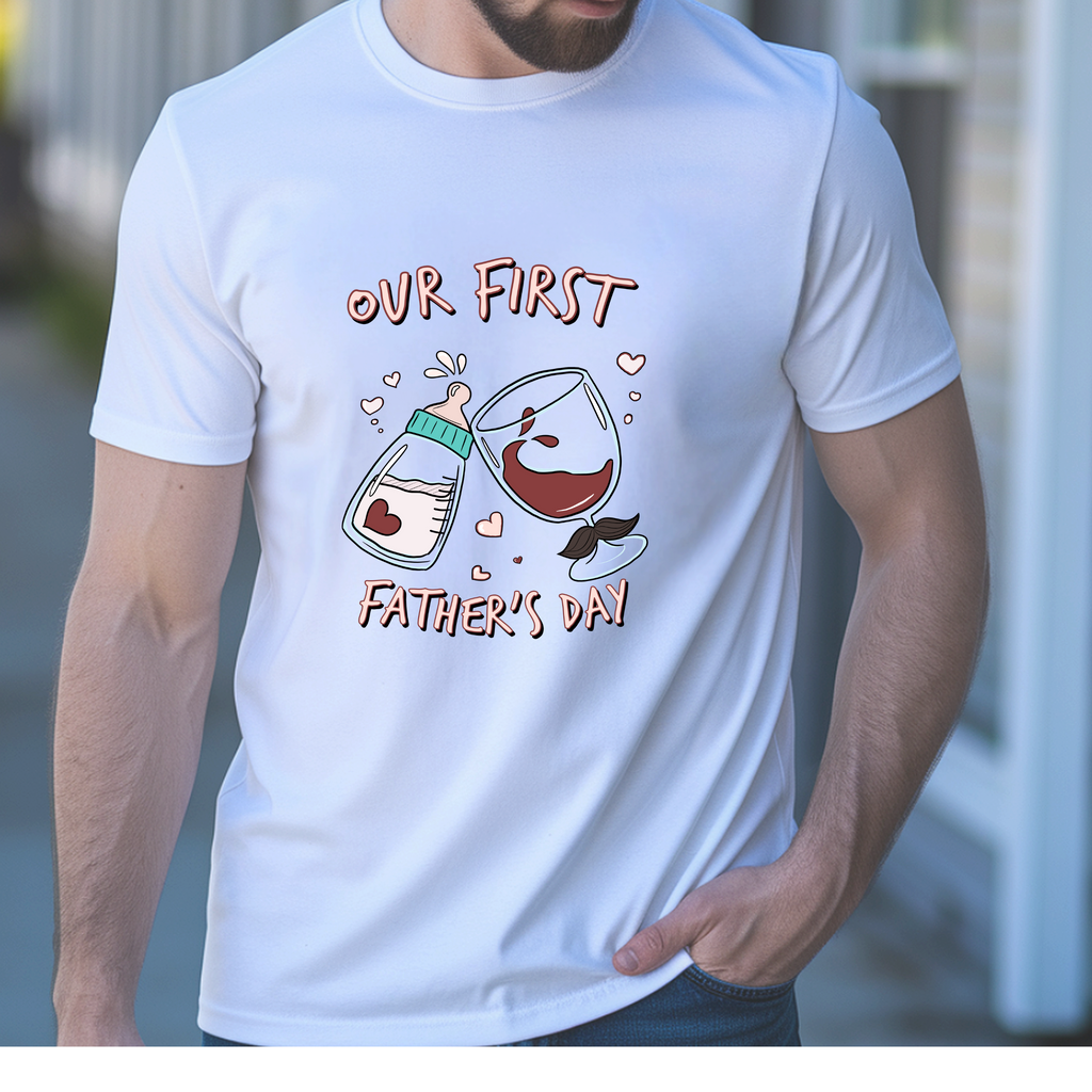Our First Father's Day Baby Bottle & Wine Cheers T-Shirt — New Dad Daddy Gift
