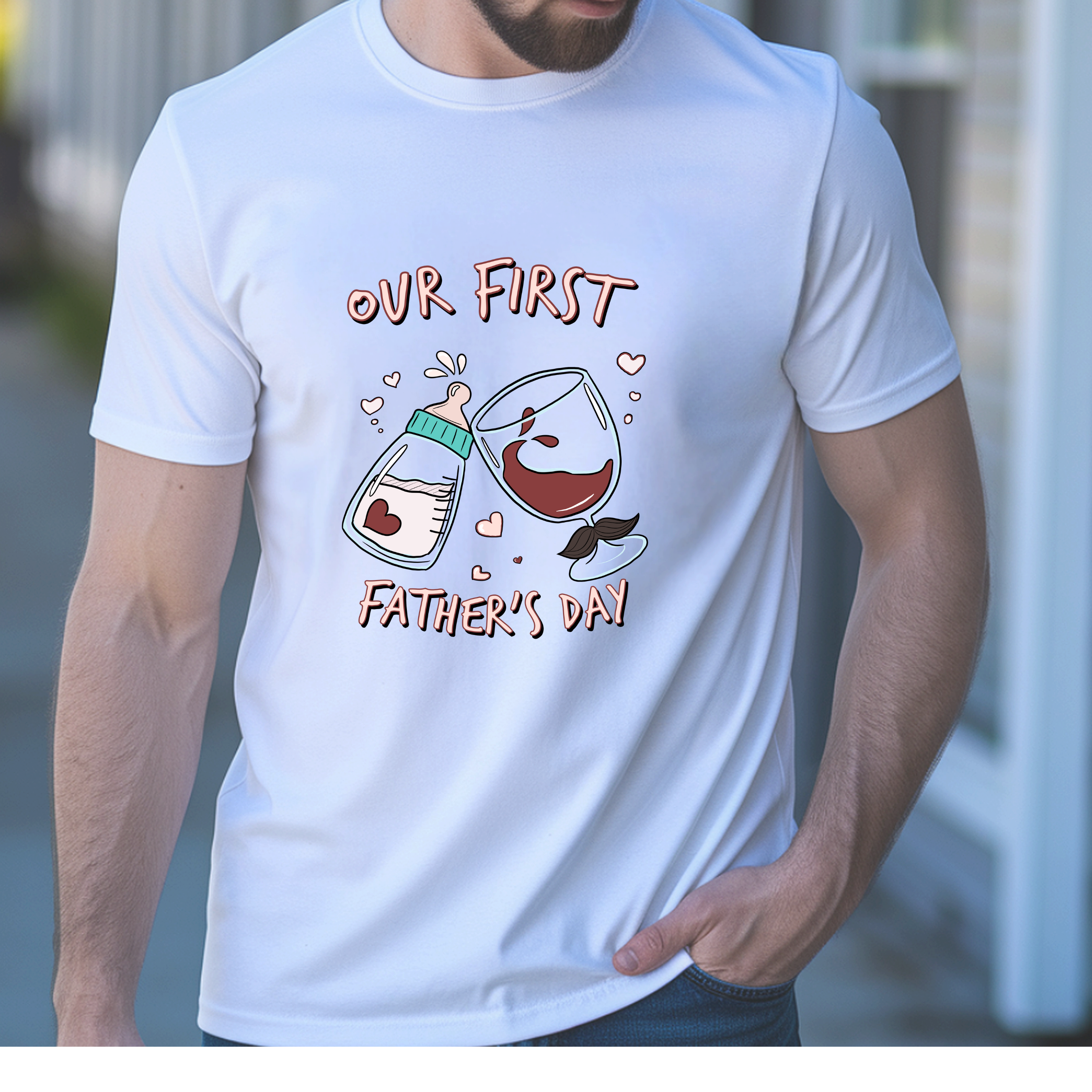 Our First Father's Day Baby Bottle & Wine Cheers T-Shirt — New Dad Daddy Gift