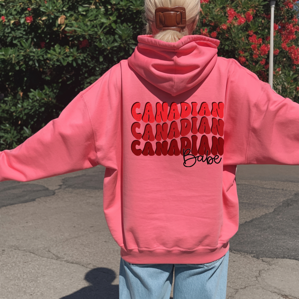 Canadian Babe Hoodie — Retro Script "Canadian" Repeat Design