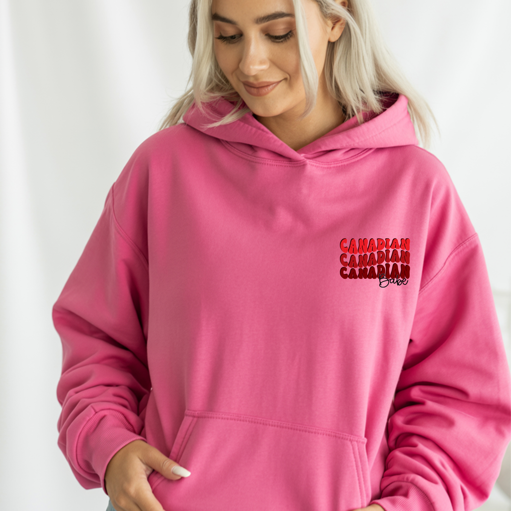 Canadian Babe Hoodie — Retro Script "Canadian" Repeat Design