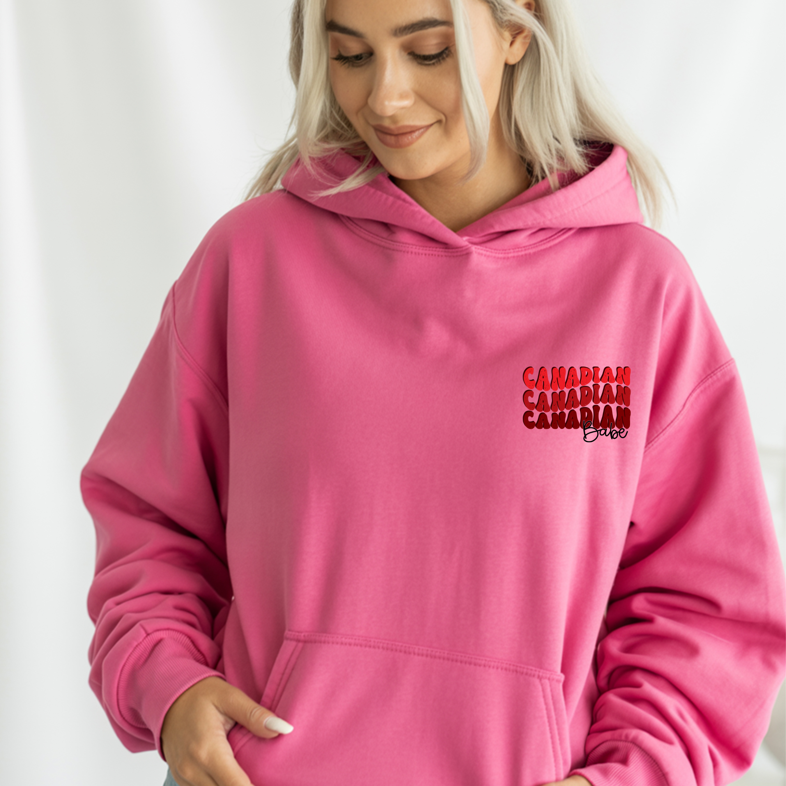 Canadian Babe Hoodie — Retro Script "Canadian" Repeat Design