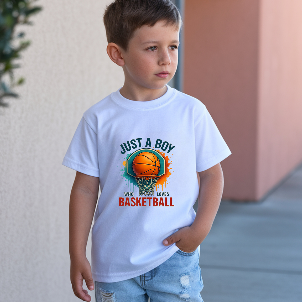 Kids Basketball Tee — "Just a Boy Who Loves Basketball" Youth Shirt