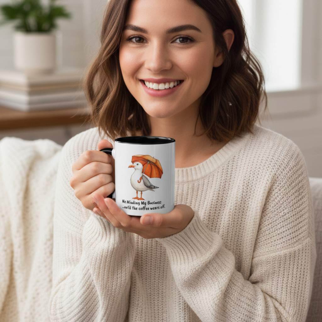Seagull with Orange Umbrella mug | 'Me Minding My Business until the coffee wears off' 11oz Accent Mug
