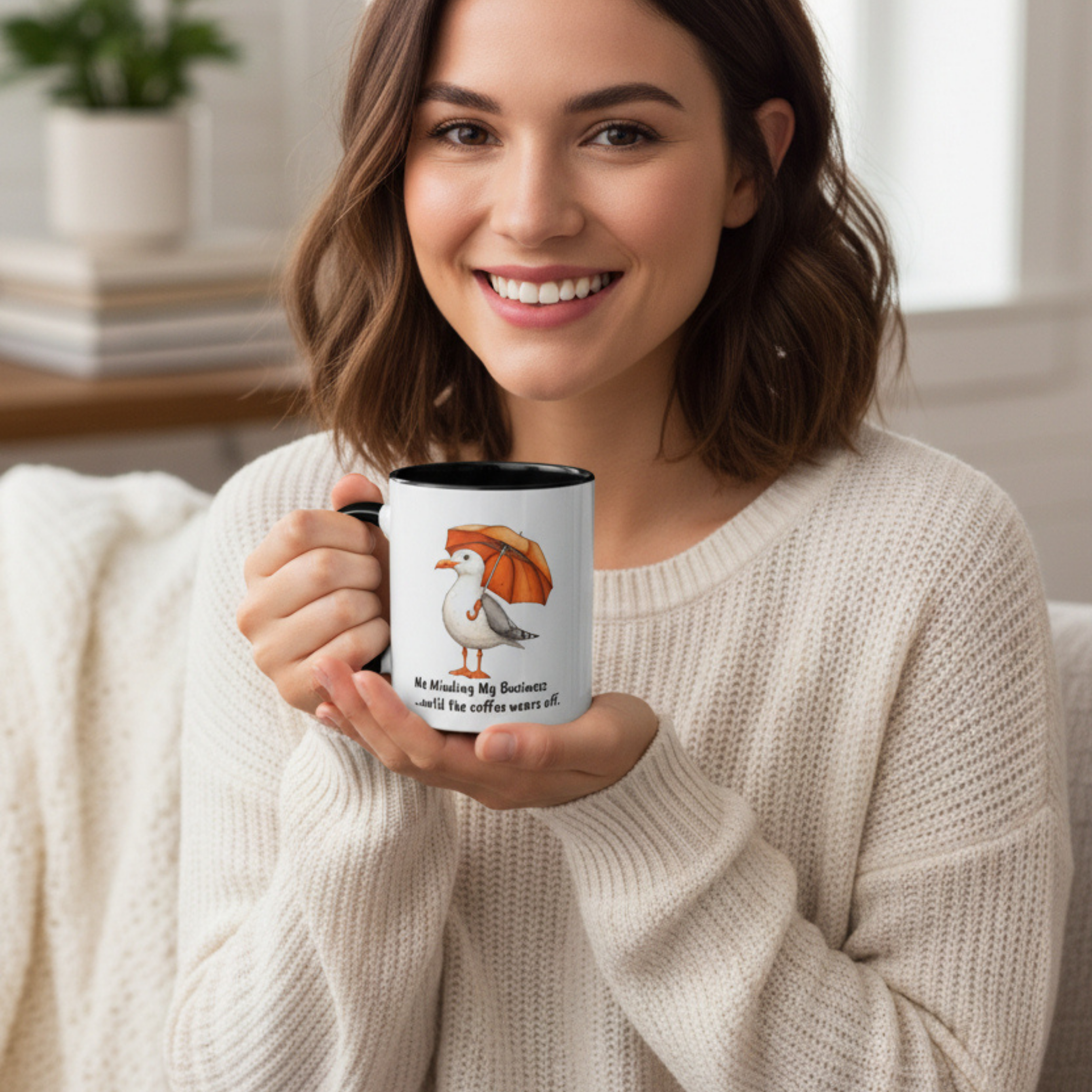 Seagull with Orange Umbrella mug | 'Me Minding My Business until the coffee wears off' 11oz Accent Mug