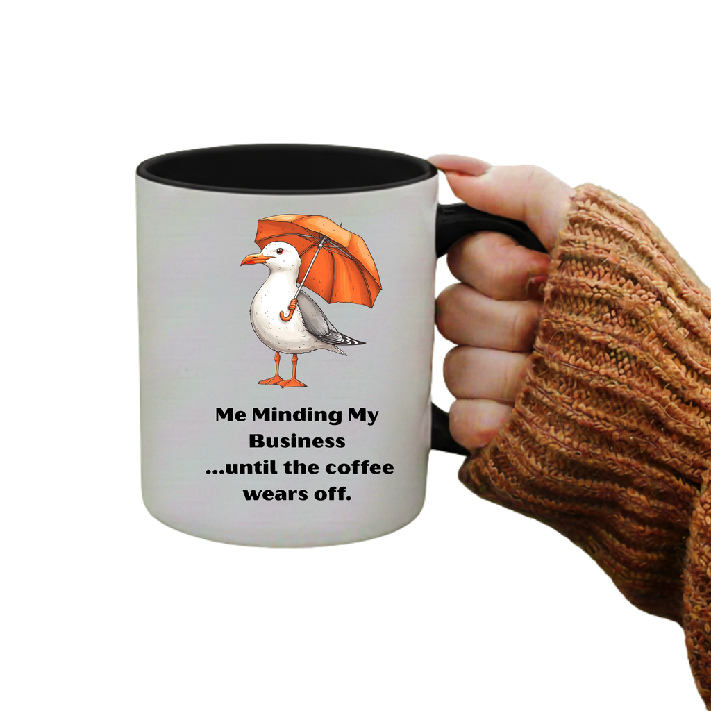 Seagull with Orange Umbrella mug | 'Me Minding My Business until the coffee wears off' 11oz Accent Mug