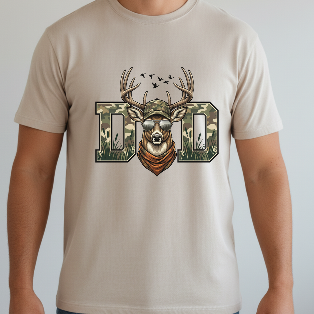 Dad Deer Camo T-Shirt — 'DAD' with Buck Head Hunting Graphic