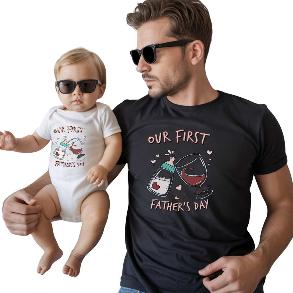 Our First Father's Day Baby Bottle & Wine Cheers T-Shirt — New Dad Daddy Gift