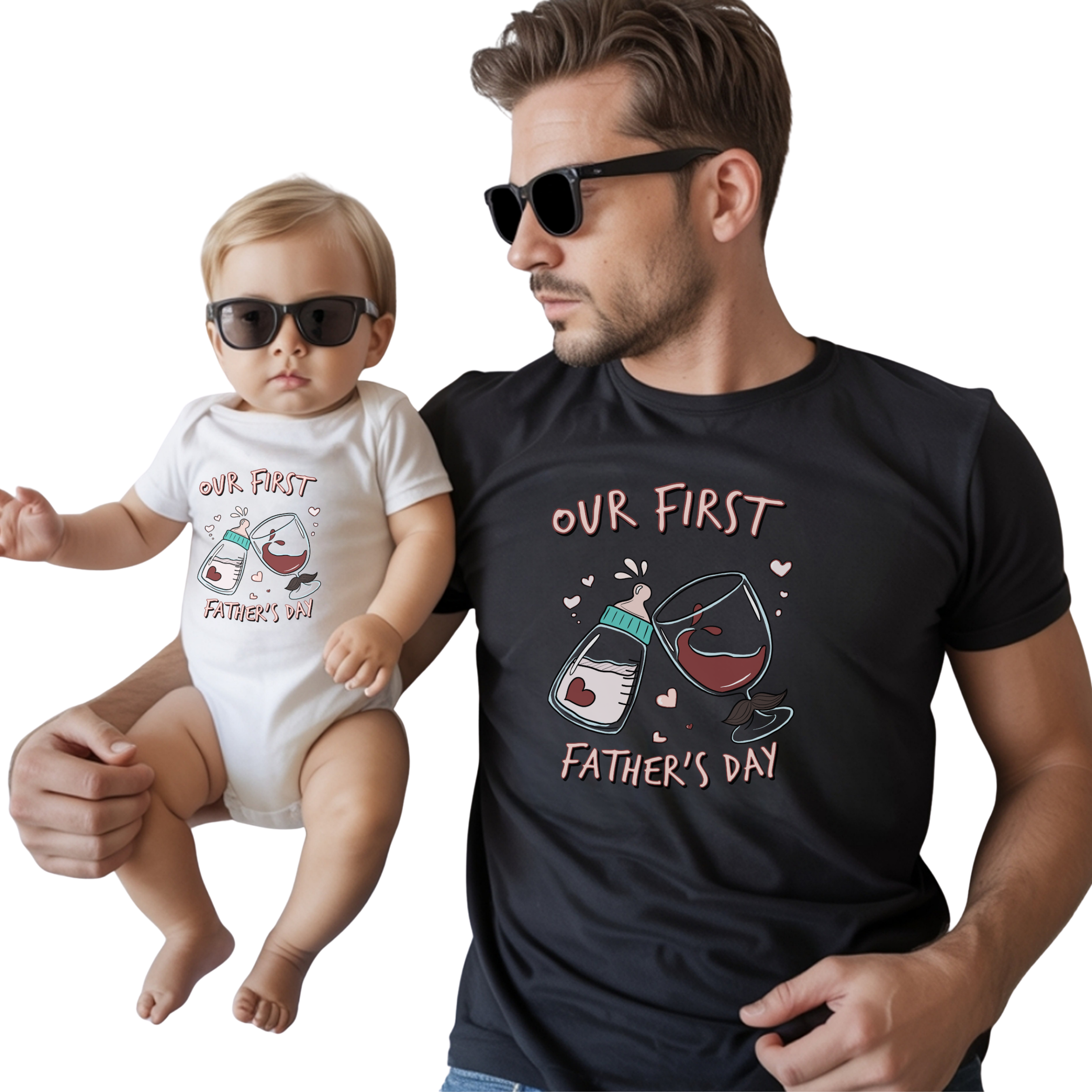 Our First Father's Day Baby Bottle & Wine Cheers T-Shirt — New Dad Daddy Gift