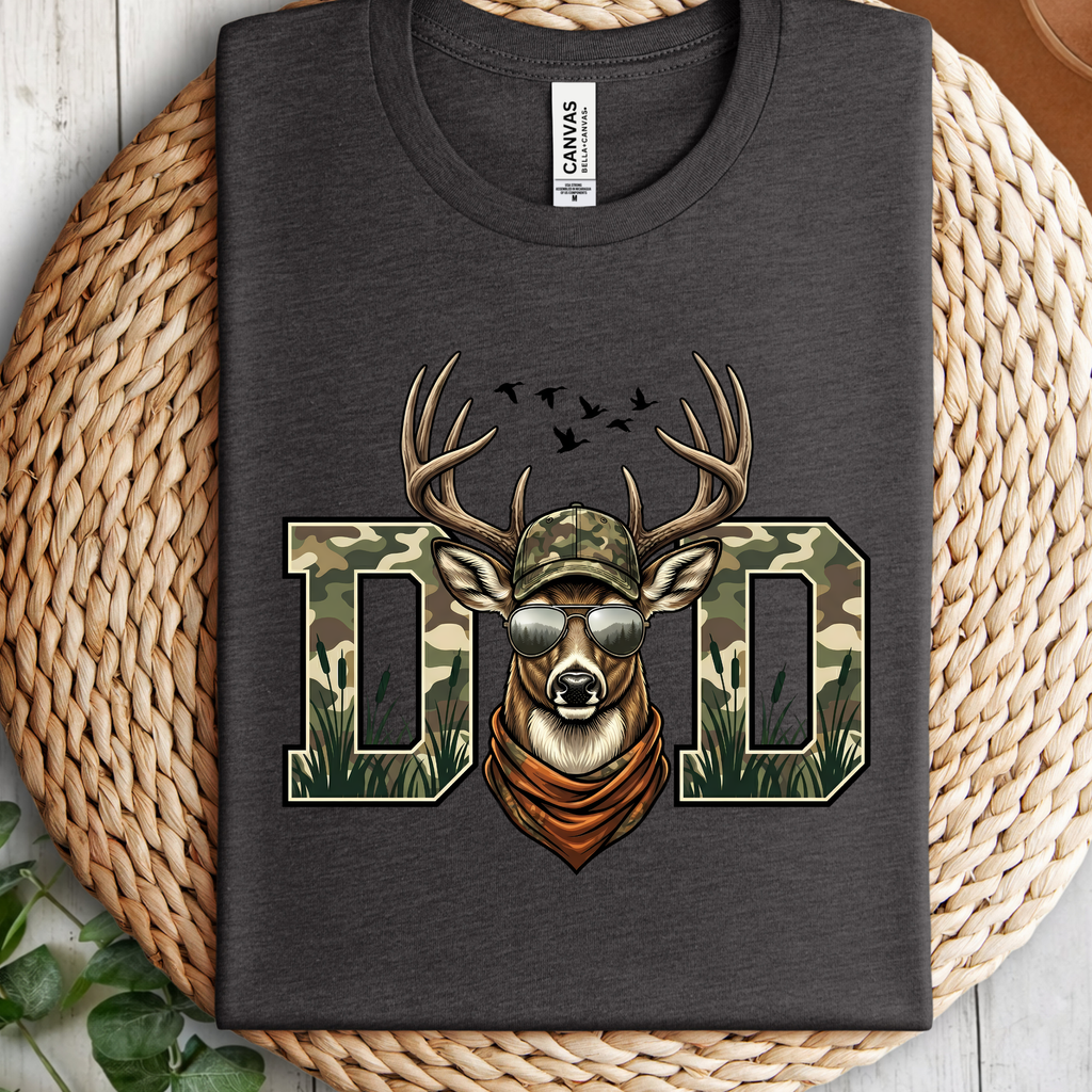 Dad Deer Camo T-Shirt — 'DAD' with Buck Head Hunting Graphic