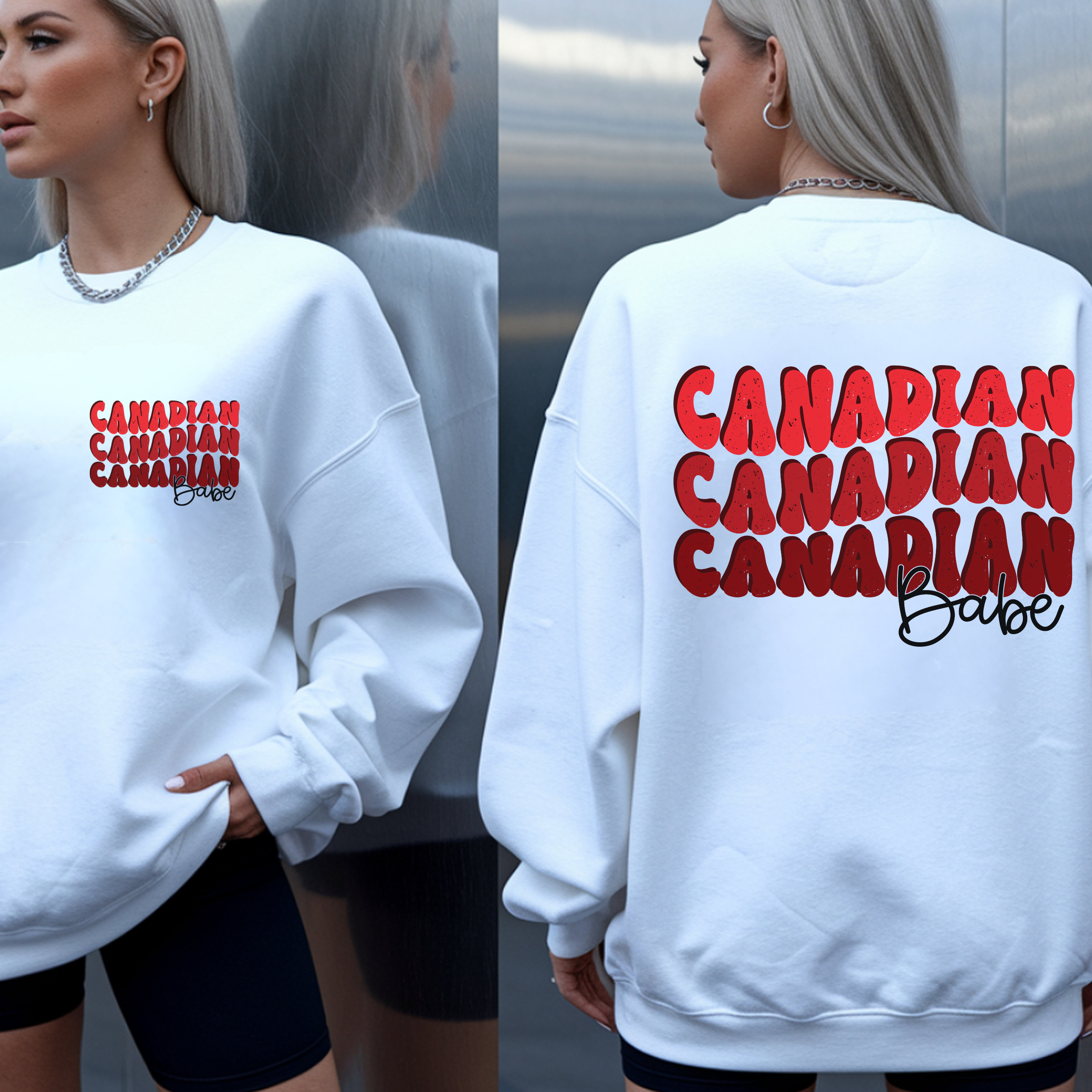 Canadian Babe Crewneck Sweatshirt — Retro Red Stacked Text