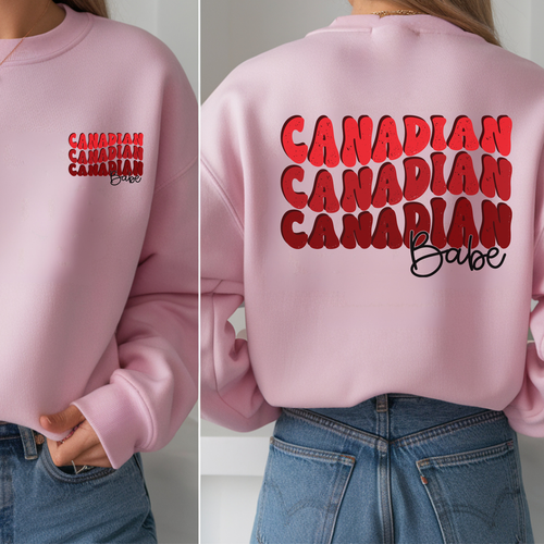 Canadian Babe Crewneck Sweatshirt — Retro Red Stacked Text