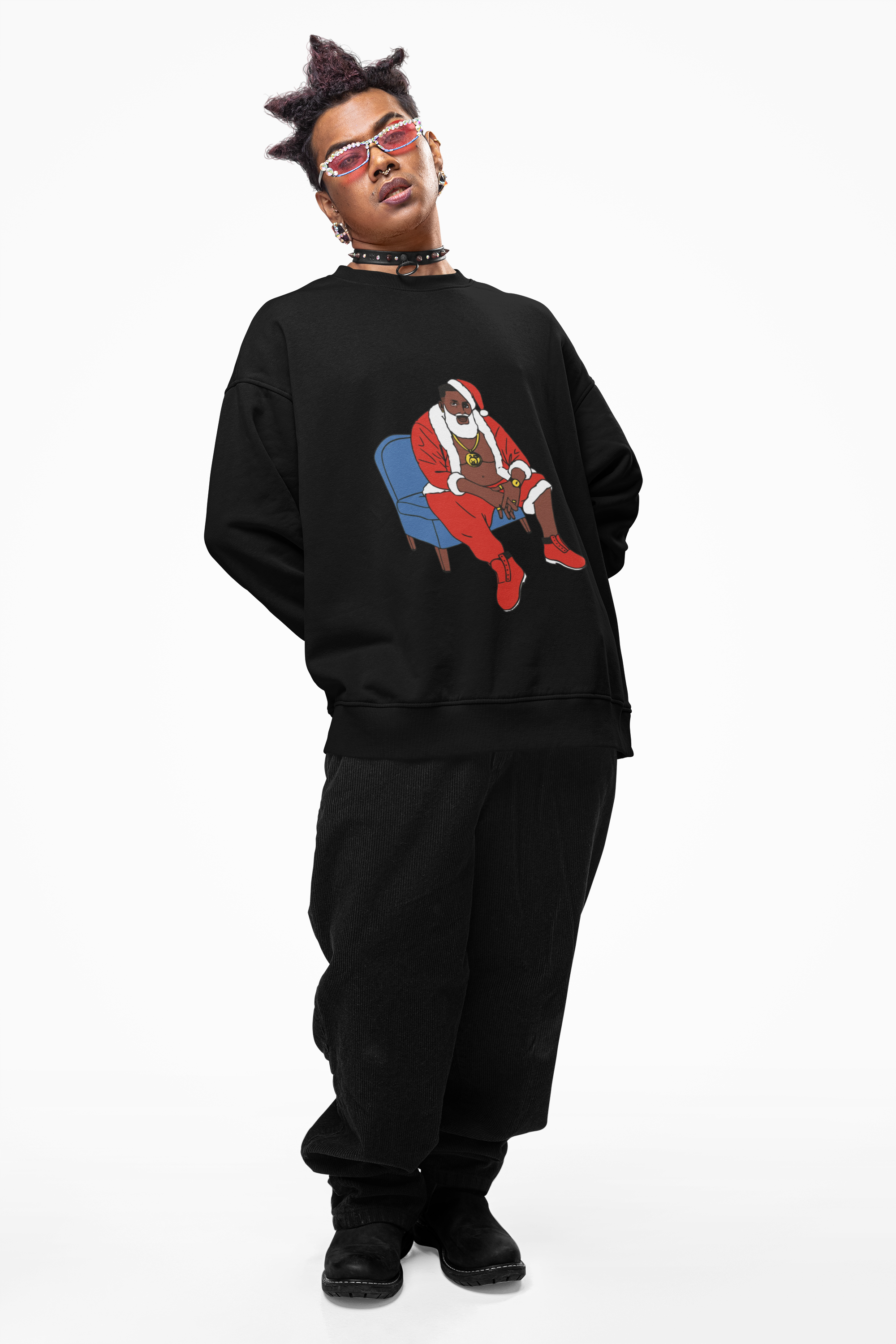 Hip Hop Santa Claus Crewneck Sweatshirt - Festive Winter Holiday Jumper, Christmas Xmas Gift Top, Urban Streetwear Pullover, Cool Santa